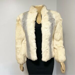 Vintage‎ Dyed Rabbit Fur Jacket Cream Grey Striped Button Front Coat Womens M